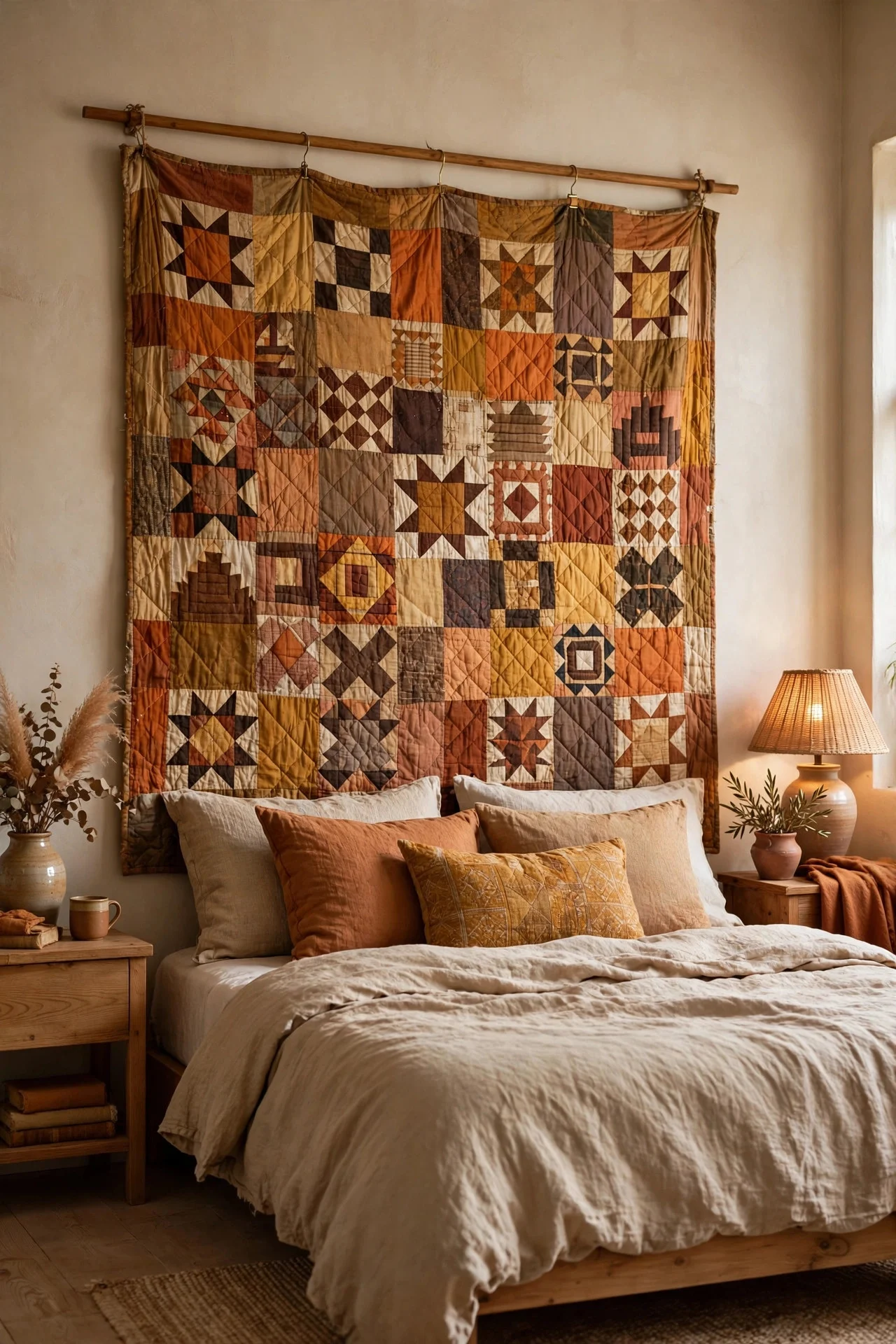Vintage quilt hung as wall textile behind a bed