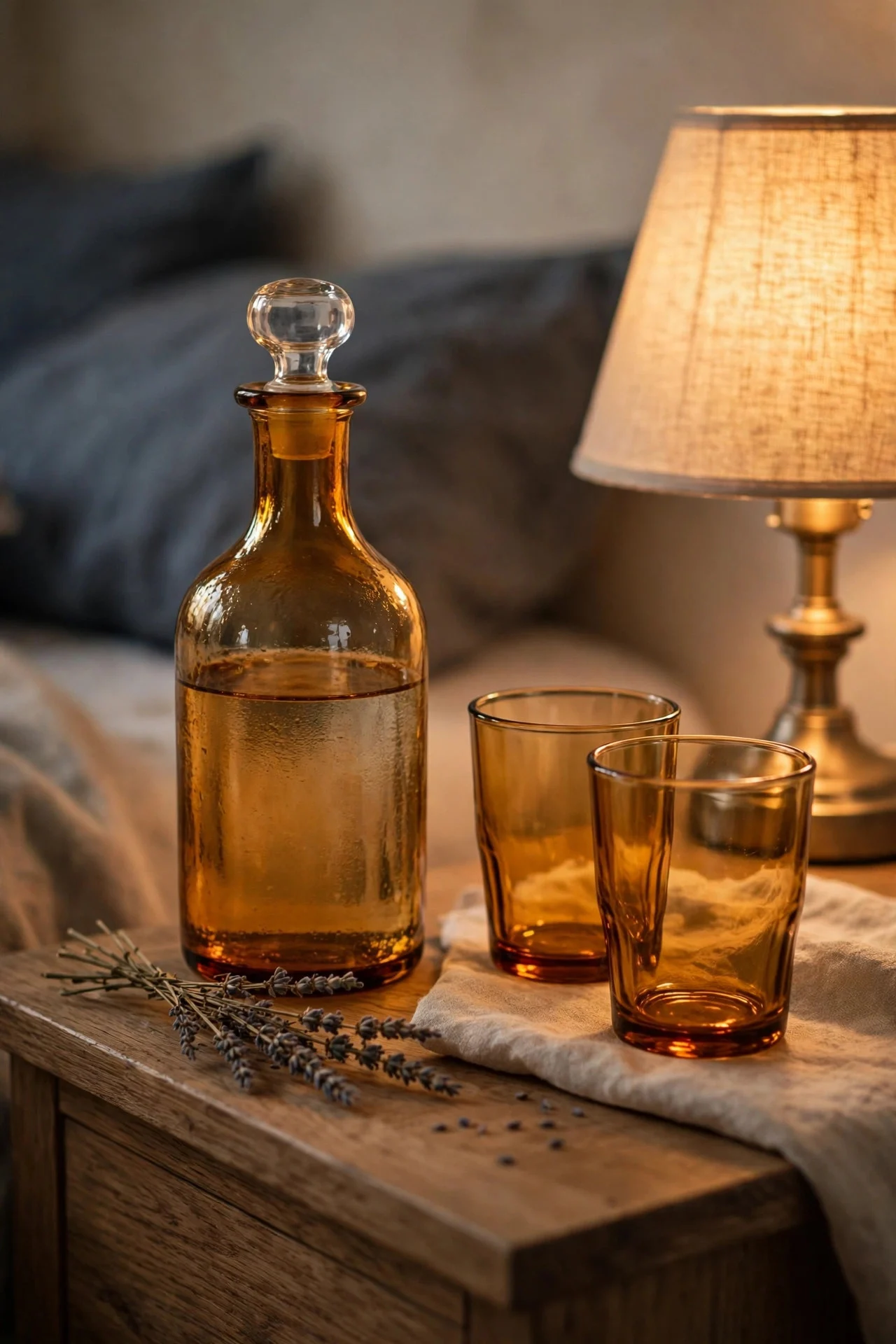 Amber glass bedside carafe set on a nightstand