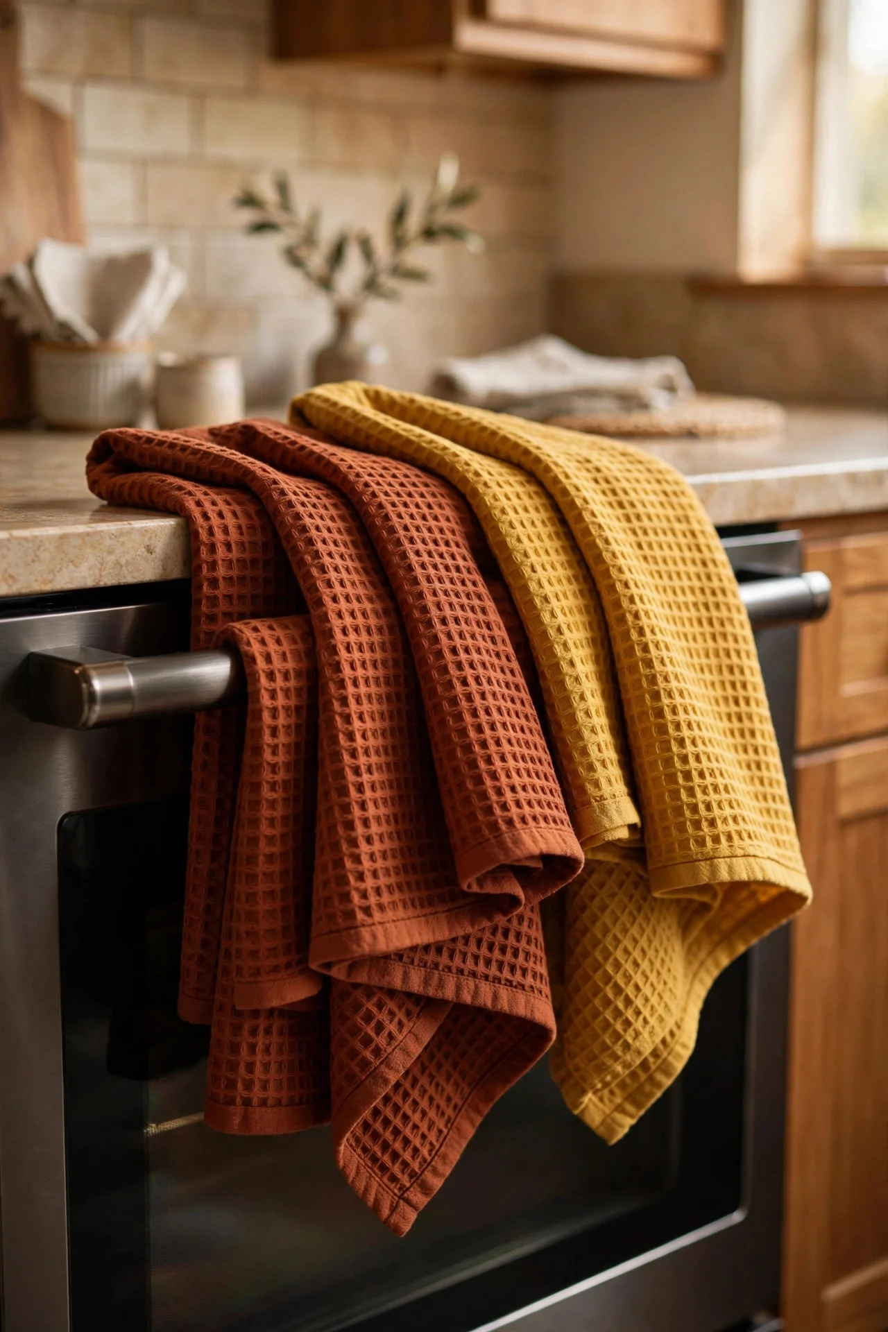 Fall tea towels in rust and mustard on an oven handle