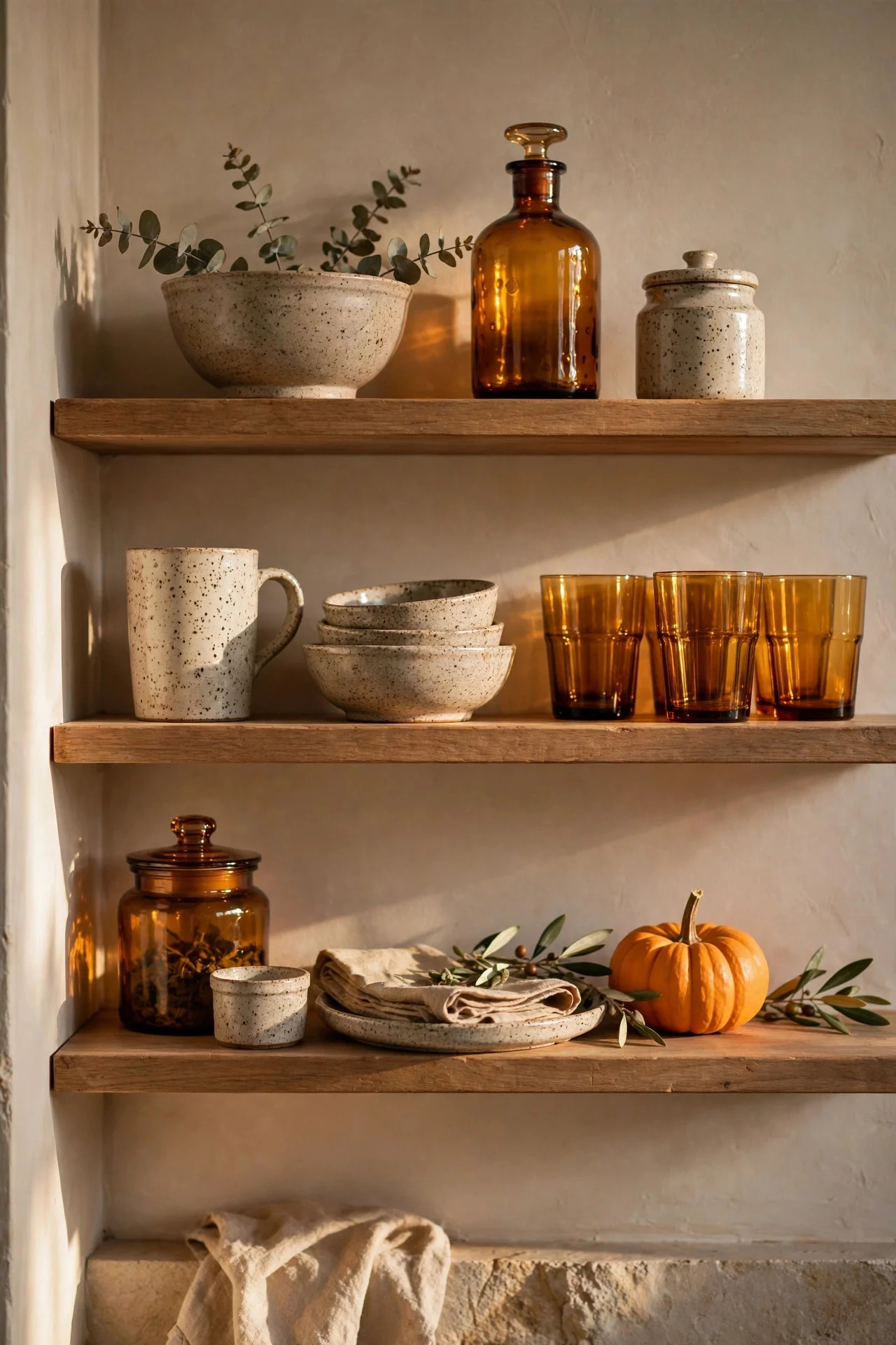 Open shelves styled with warm ceramics and a mini pumpkin