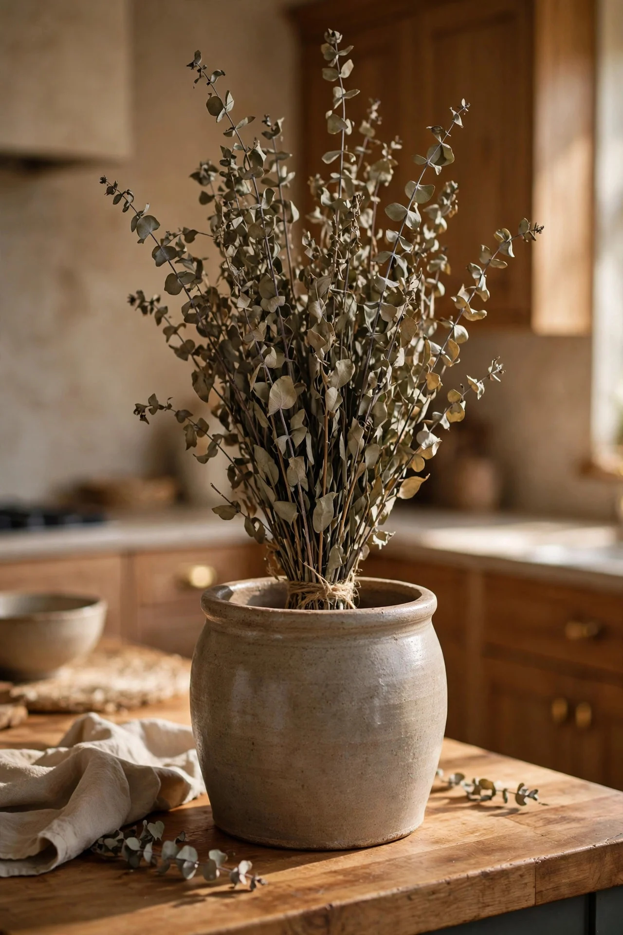 Dried eucalyptus bundle in a stoneware crock on a kitchen island