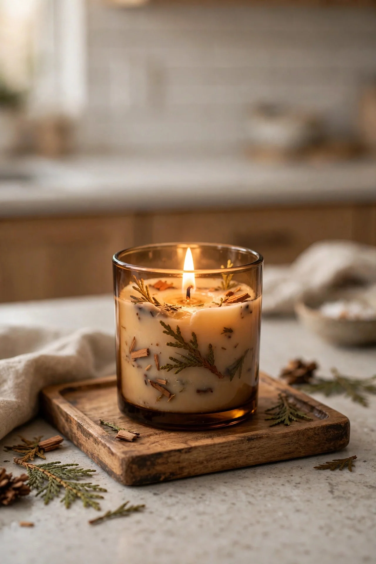 Cedar candle on a wooden tray in a fall kitchen