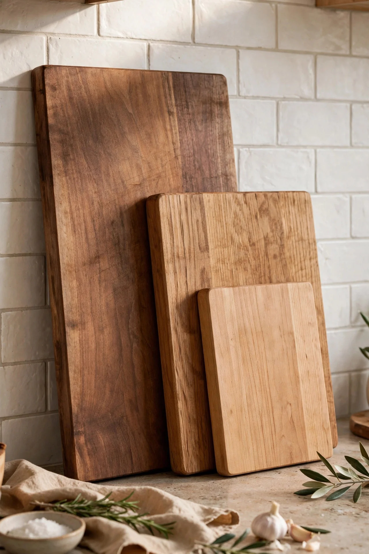 Wooden cutting boards displayed against a kitchen backsplash