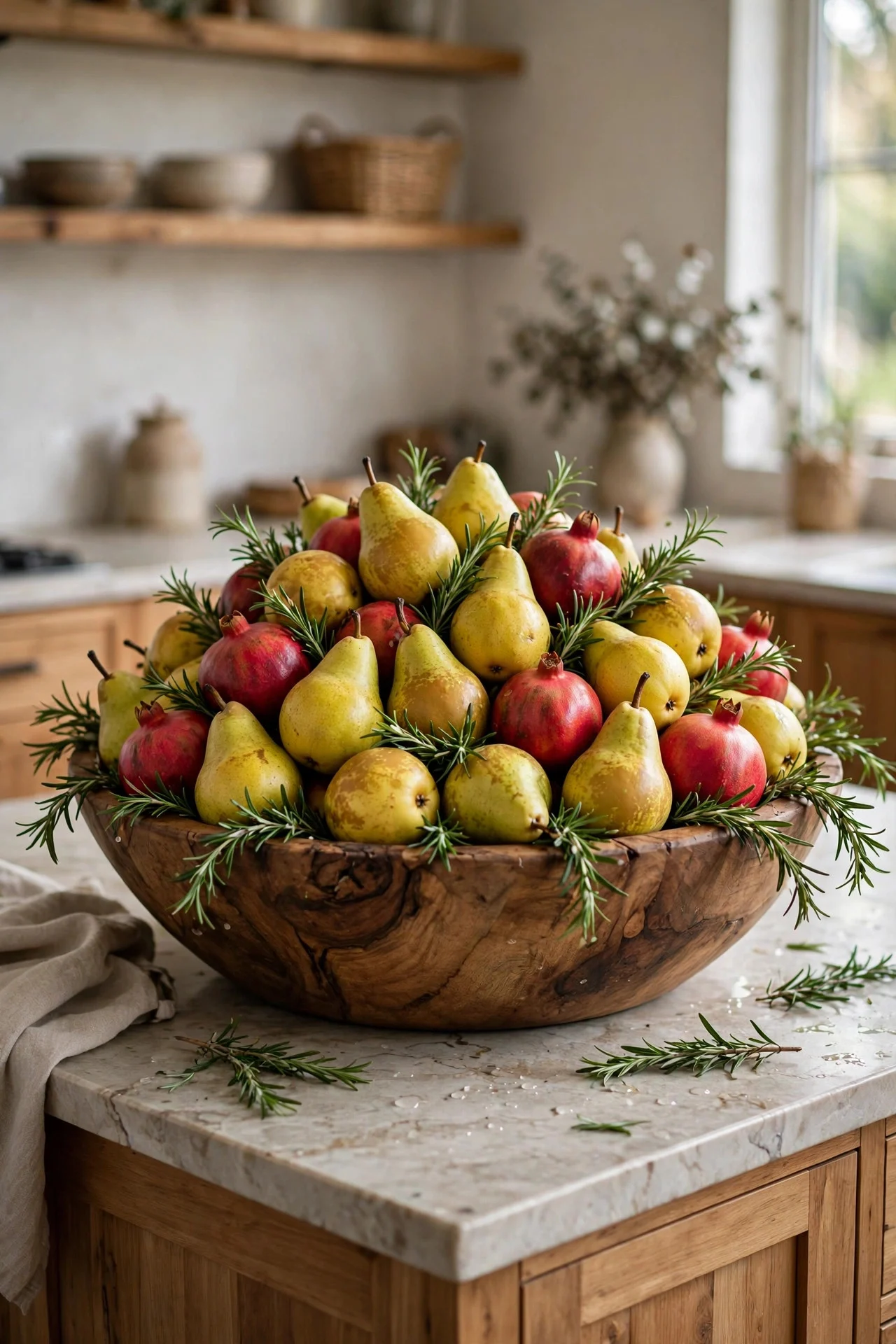 Wooden bowl of pears and pomegranates on a kitchen island