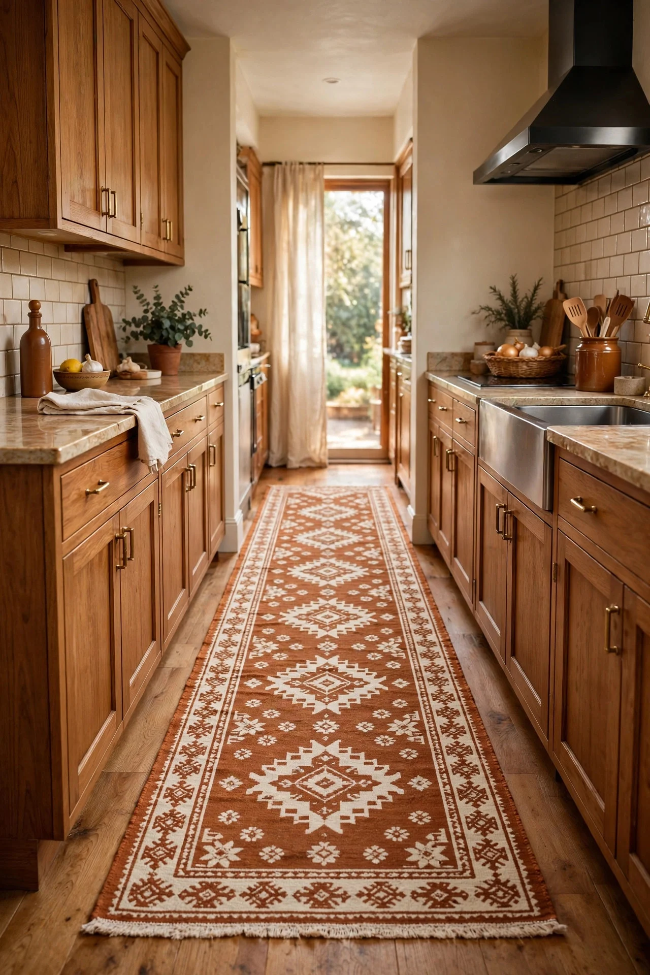 Rust patterned rug runner in a fall kitchen