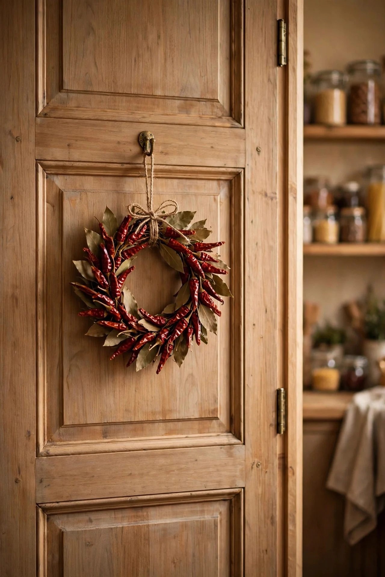 Dried chili wreath on a pantry door
