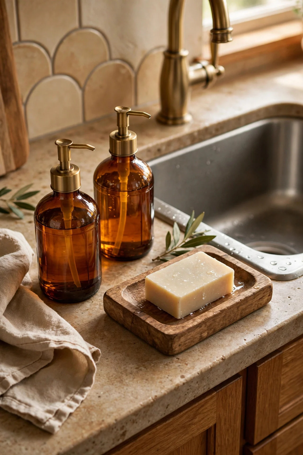 Amber soap dispensers at a kitchen sink