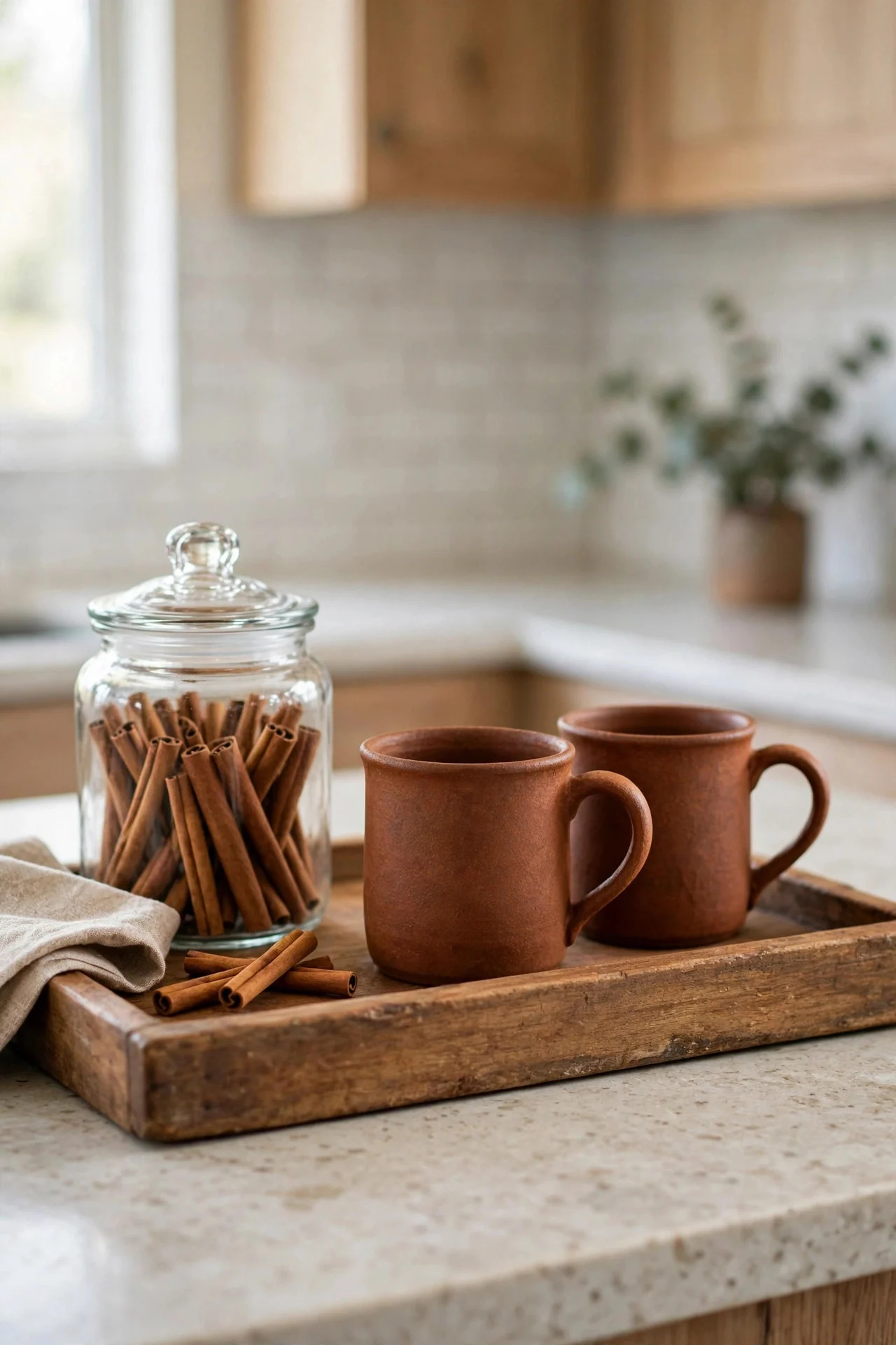 Fall coffee station with tray and rust mugs