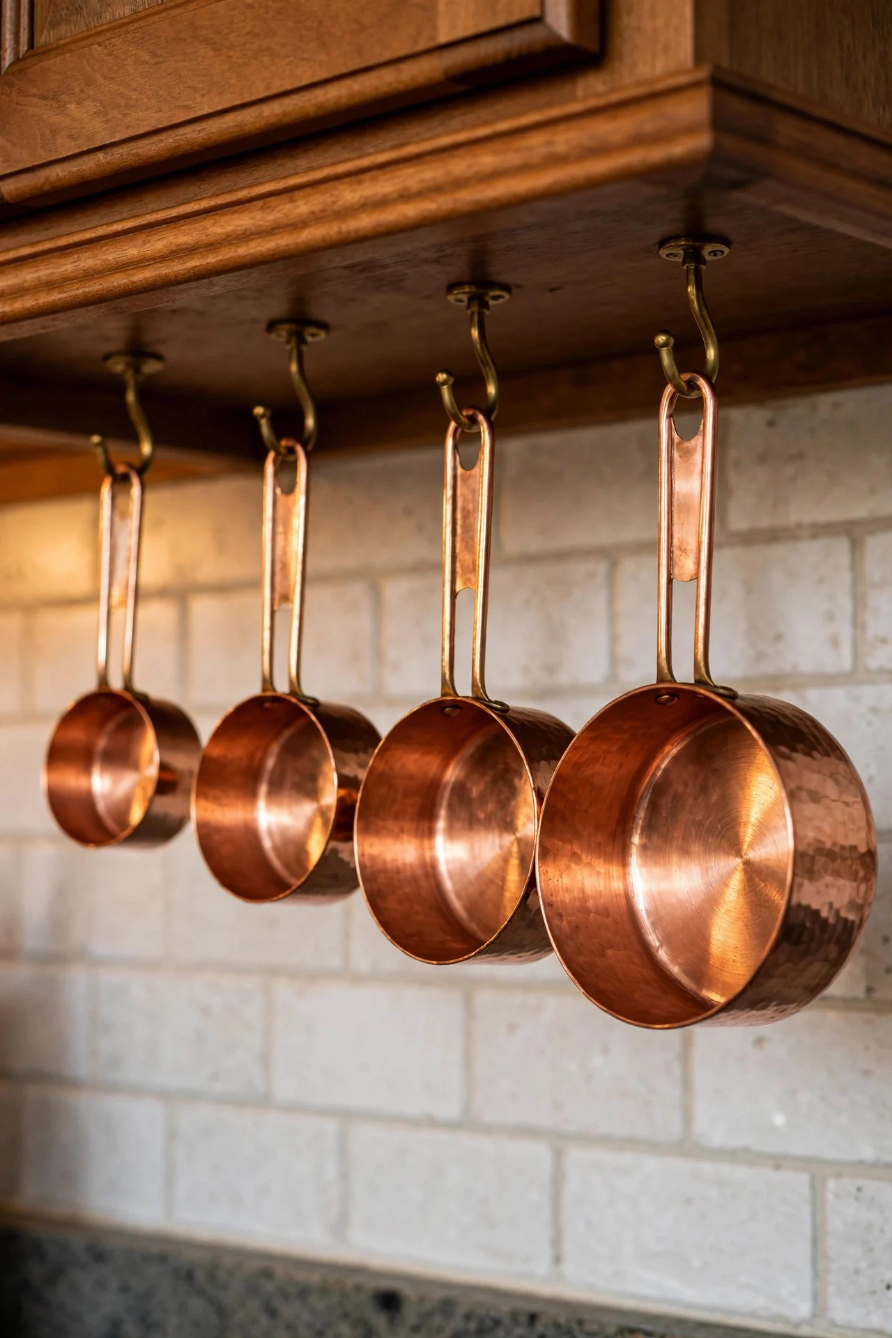 Copper measuring cups hanging in a fall kitchen