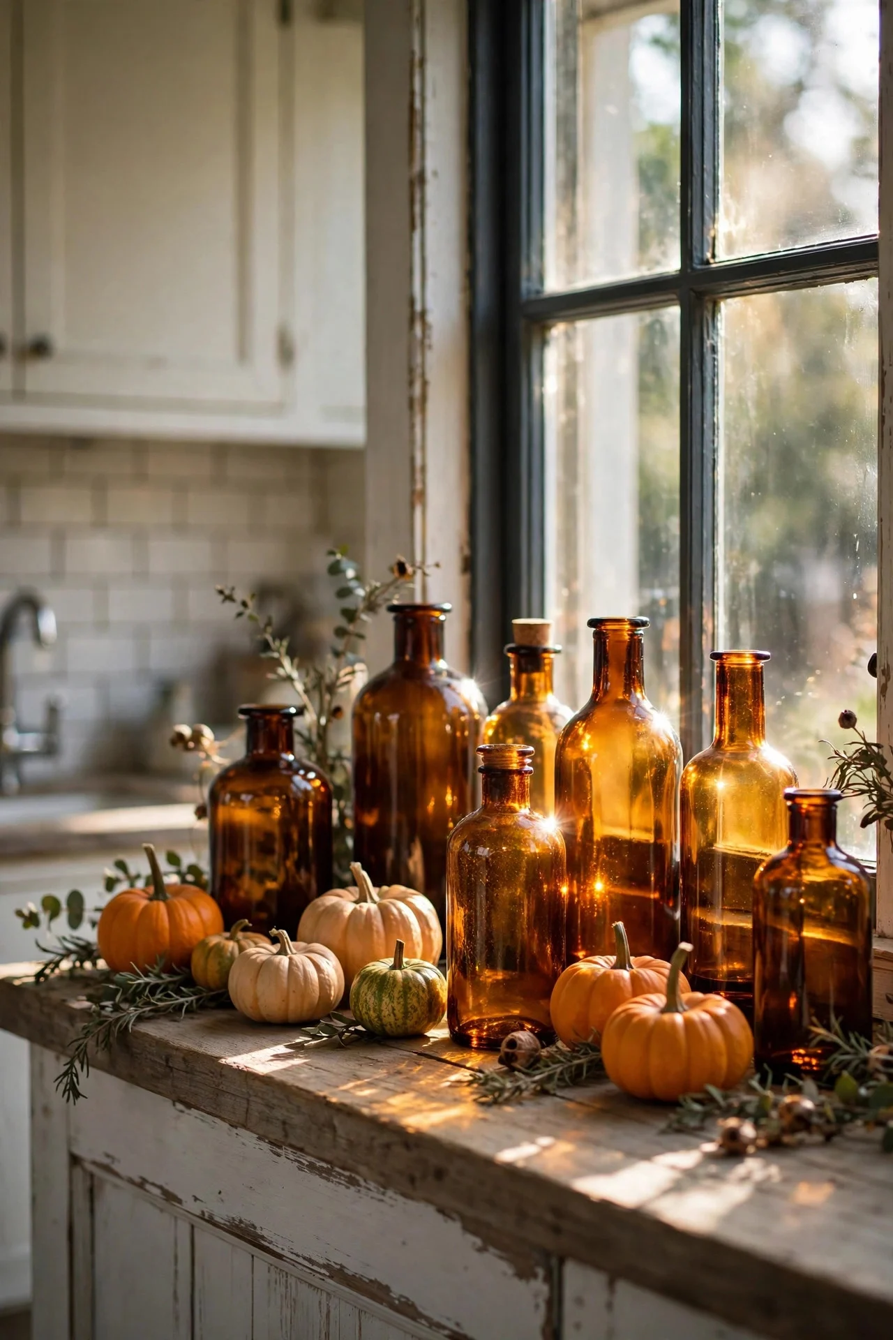Fall windowsill with pumpkins and amber bottles