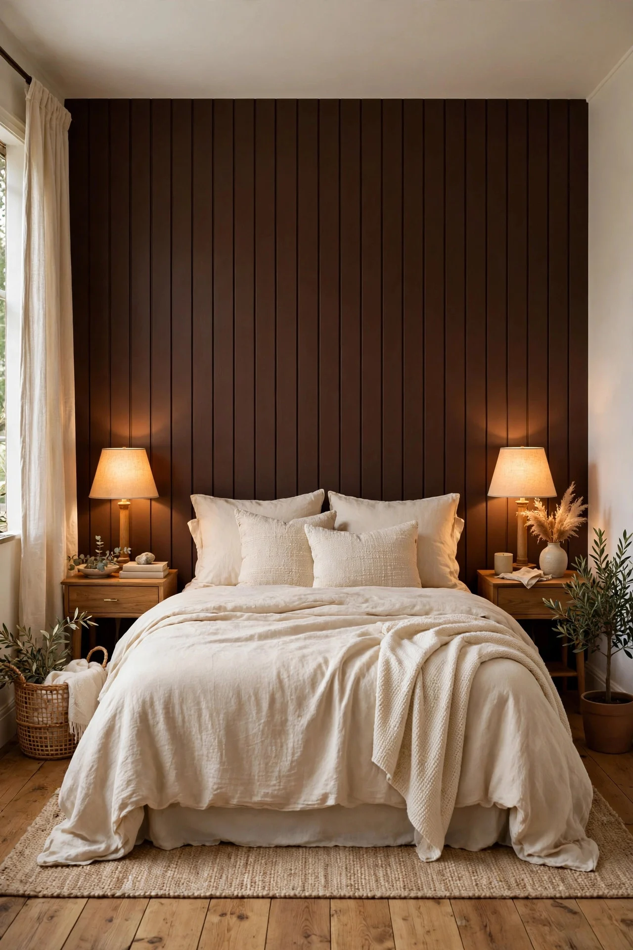 Chocolate brown accent wall behind a bed