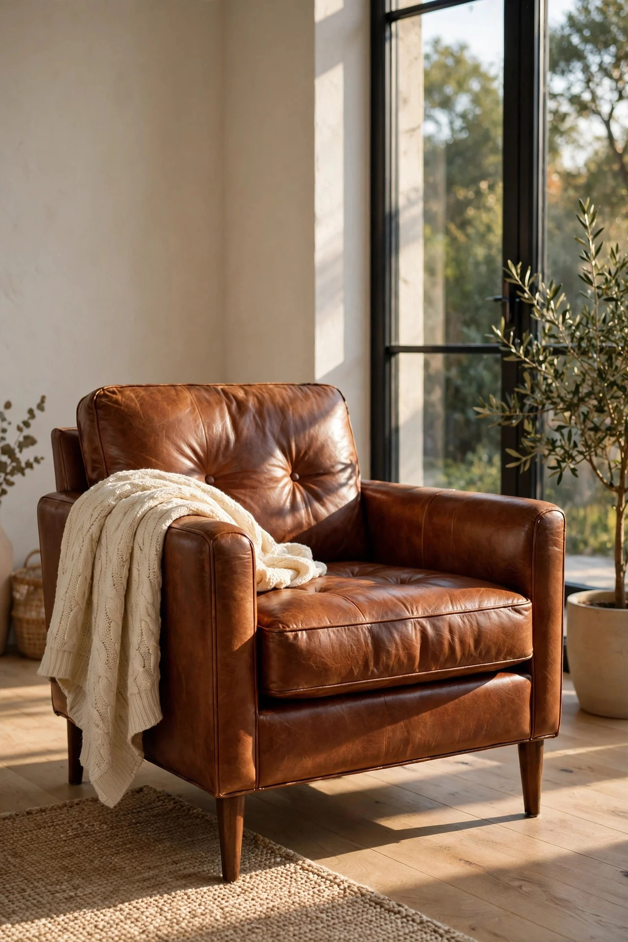 Cognac leather armchair in warm sunlight