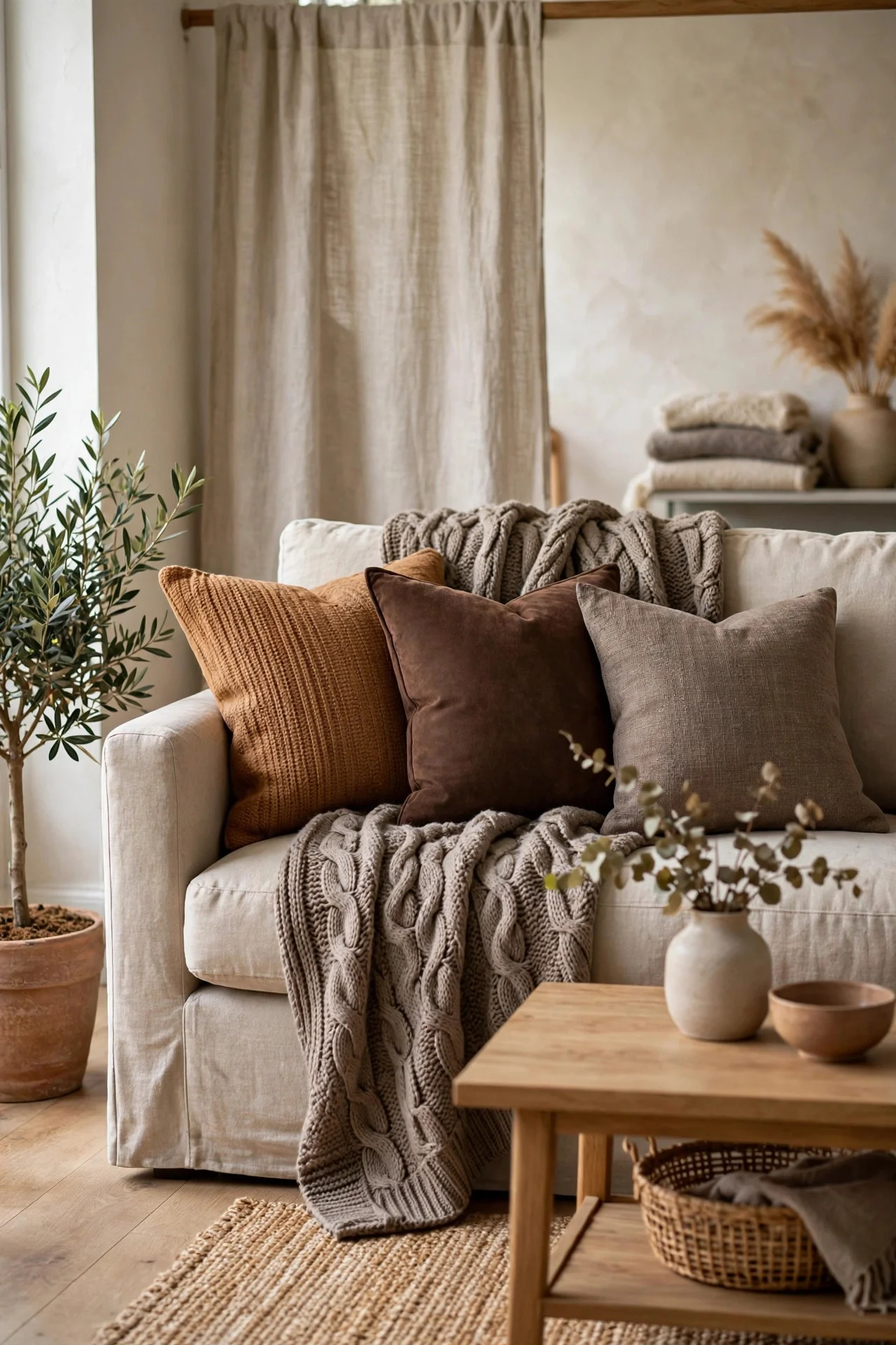 Sofa with layered brown throw pillows