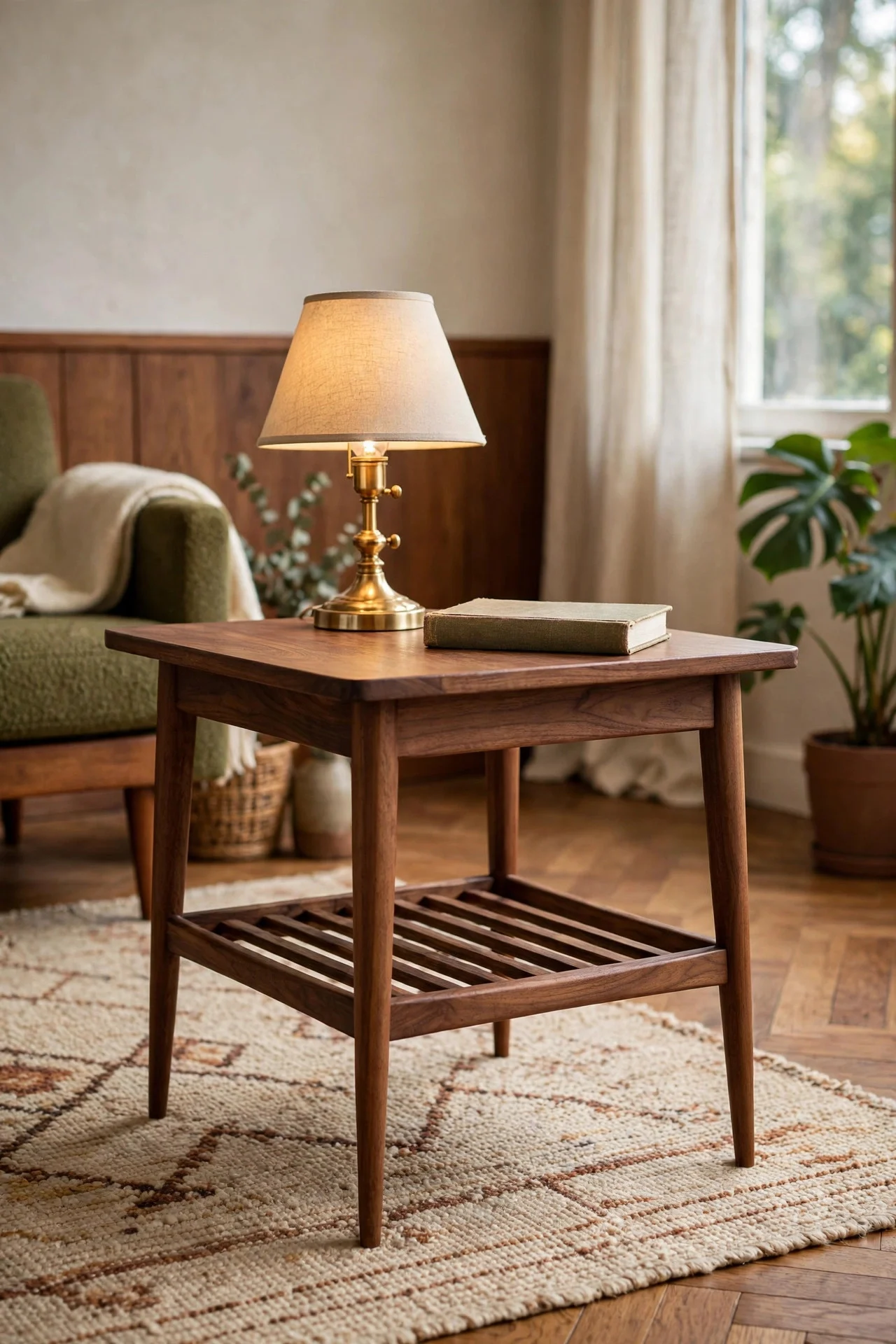 Walnut wood side table in a living room