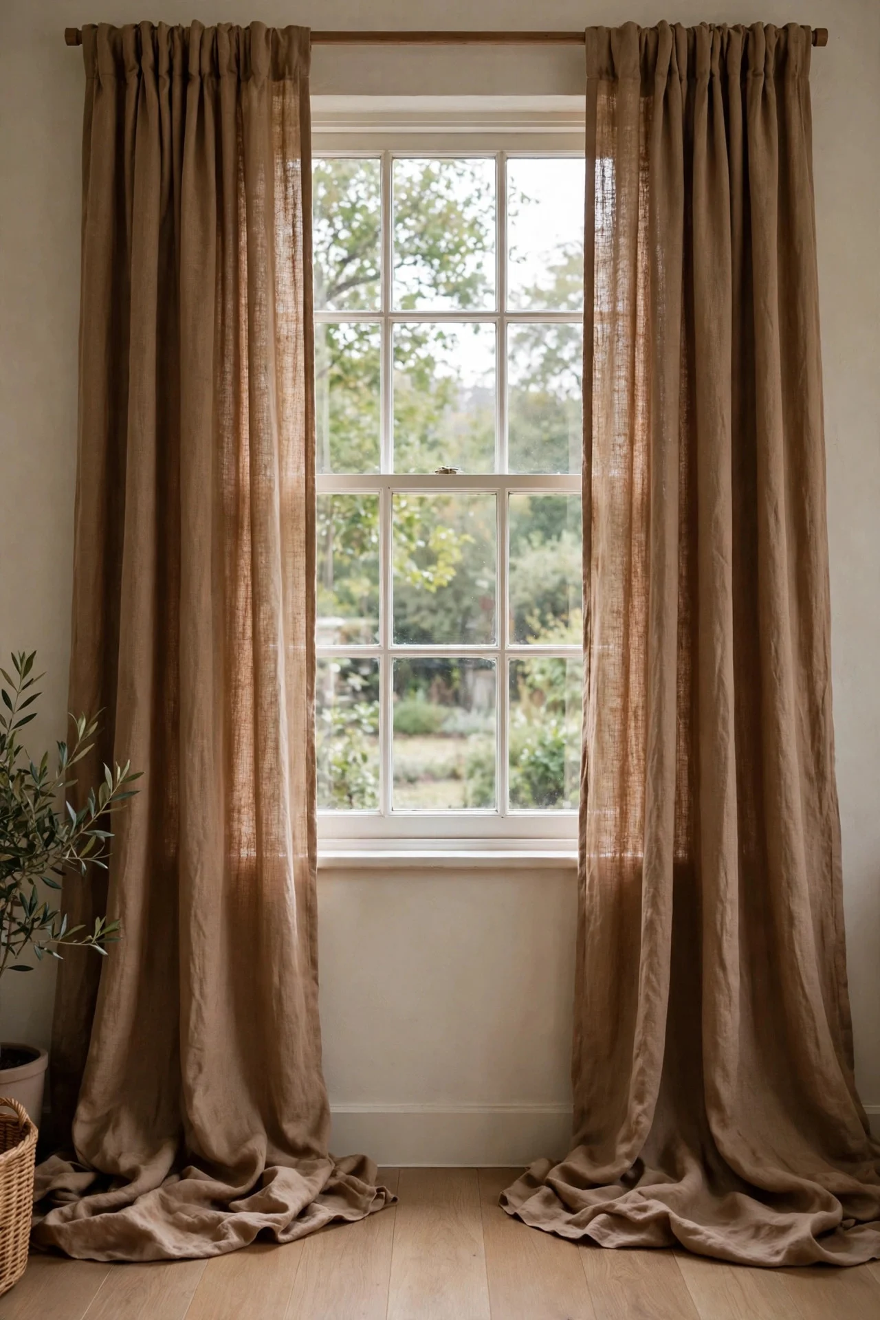 Brown linen curtains at a window