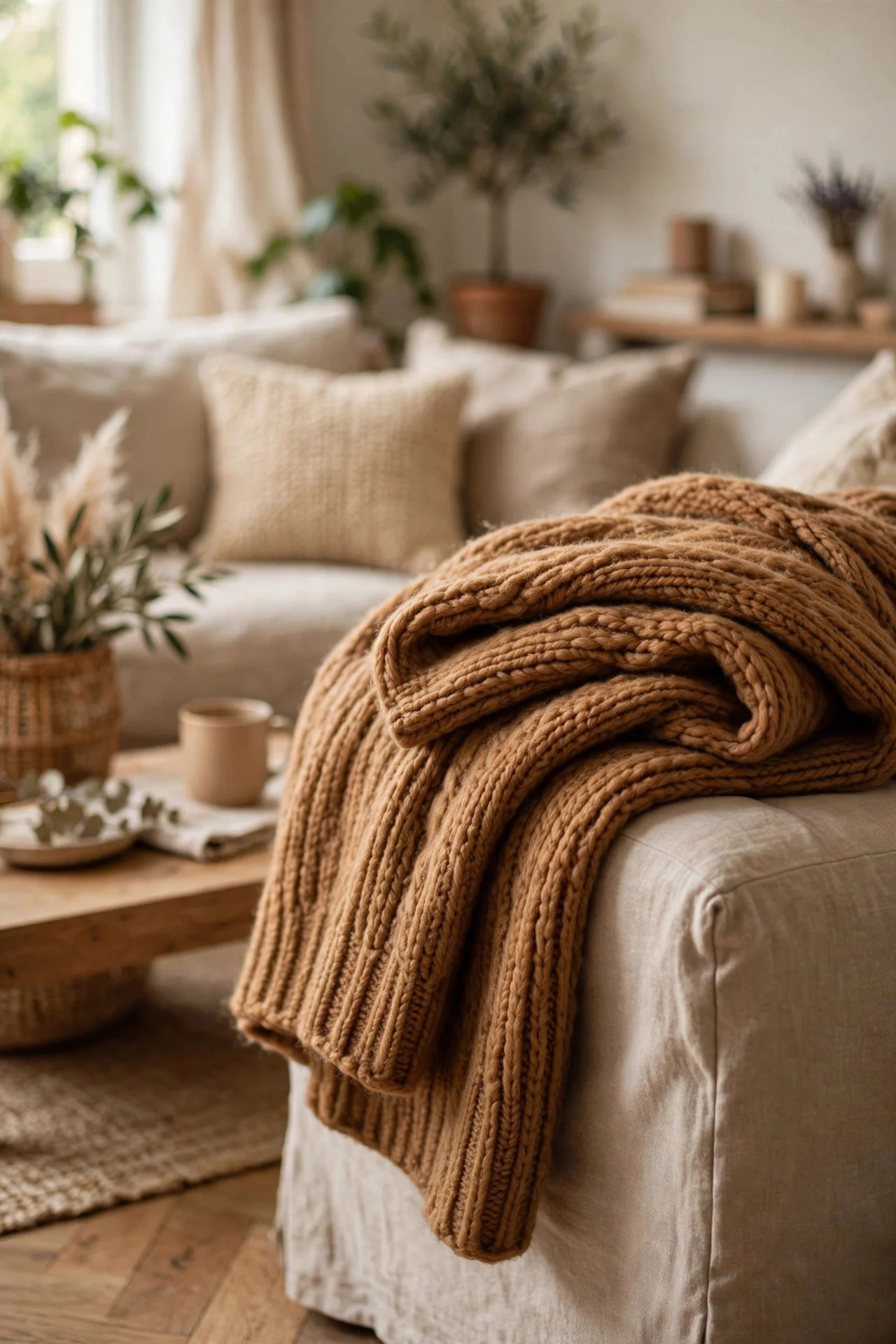 Caramel throw blanket on a sofa arm