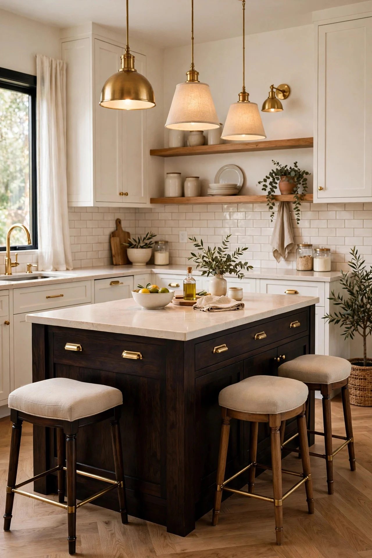 Kitchen with espresso island and brass hardware
