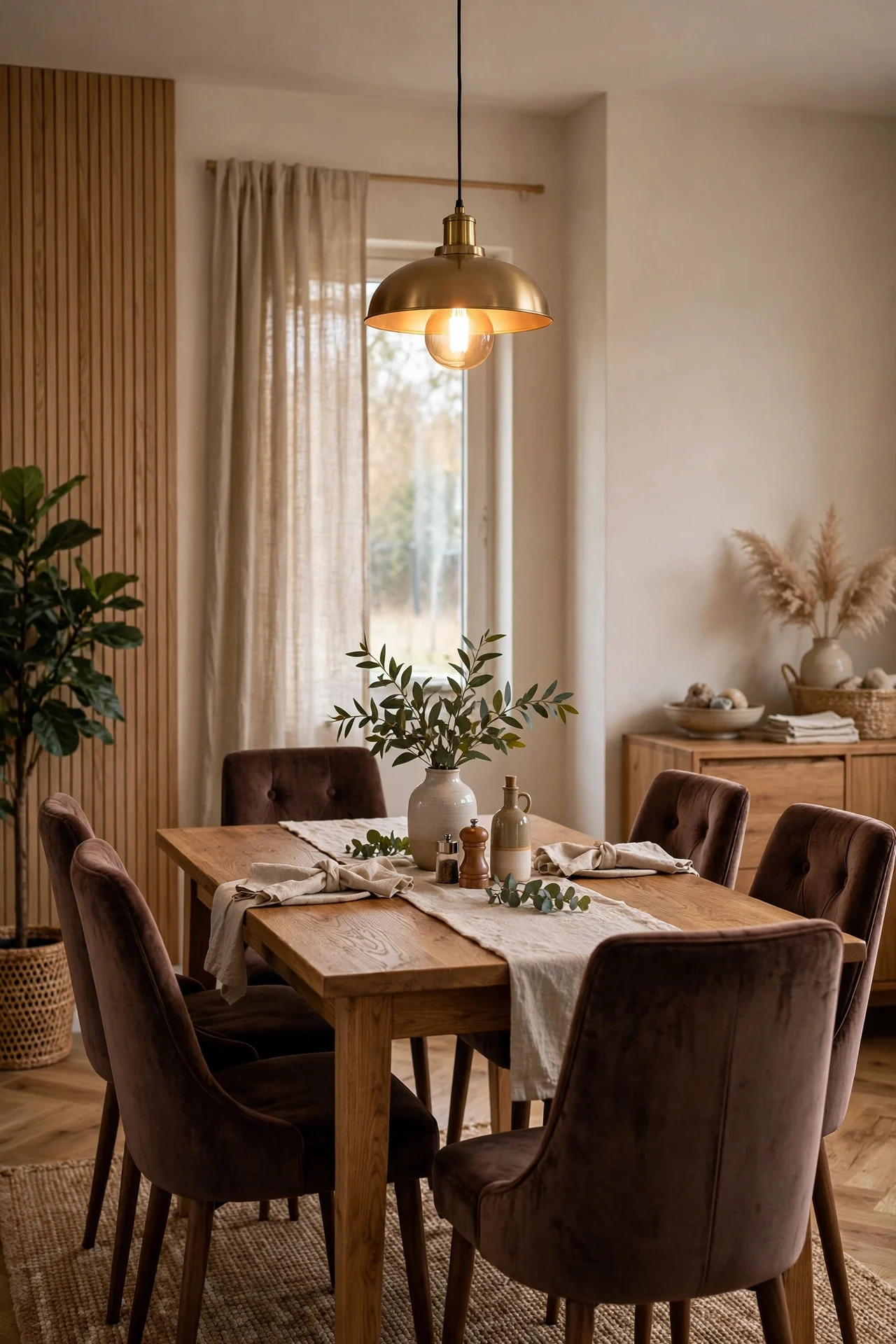 Chocolate velvet dining chairs around a wood table