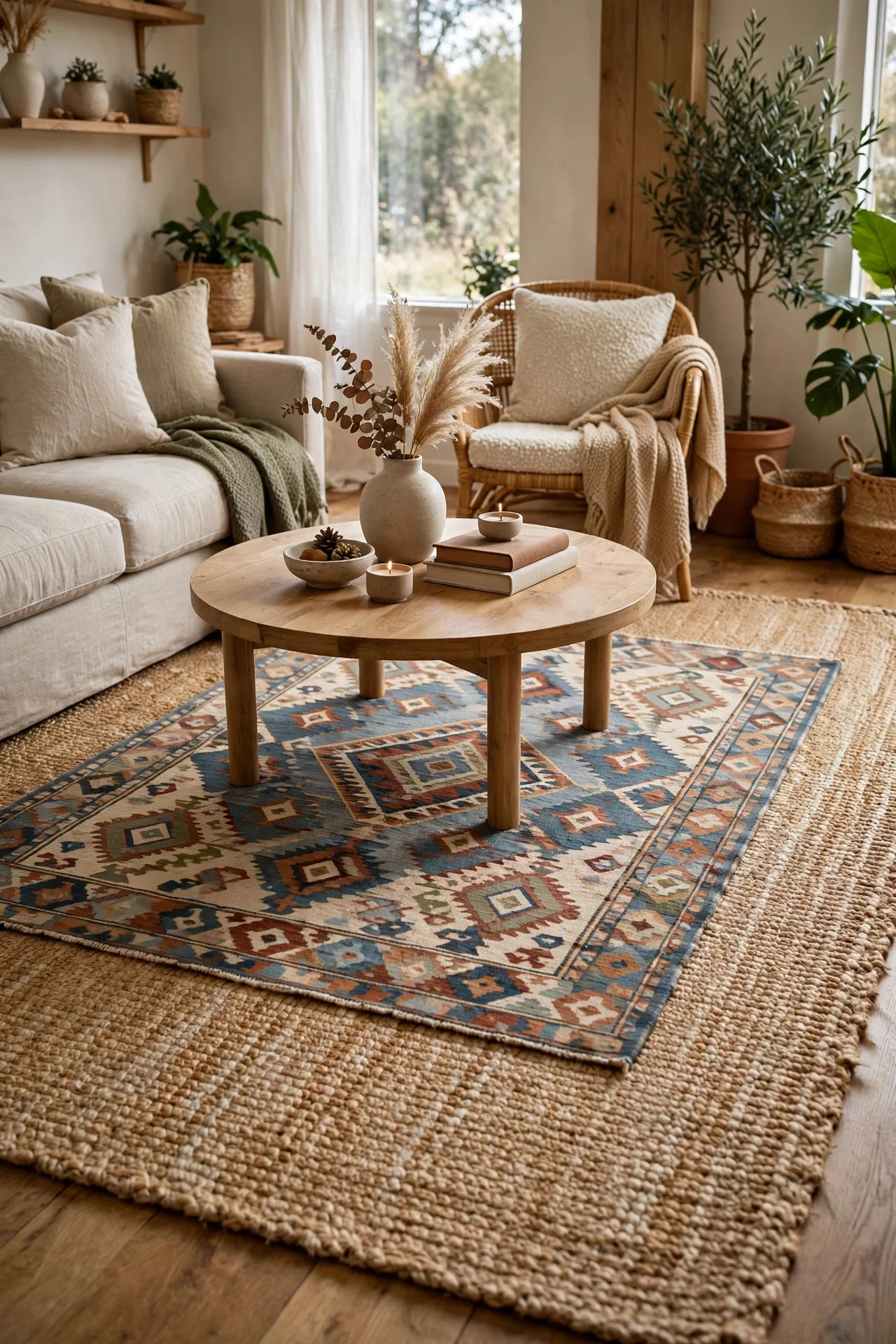 Jute area rug layered under a coffee table