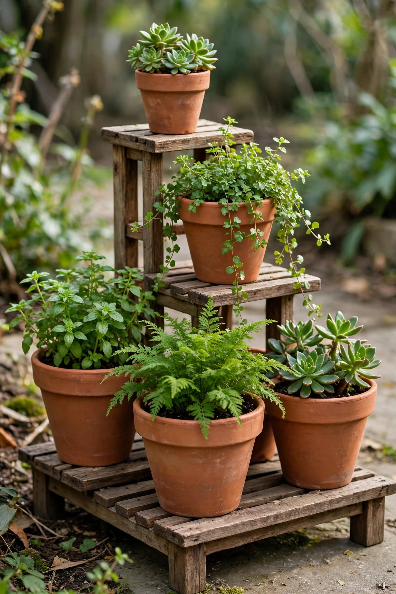 Terracotta pots grouped on a wooden plant stand