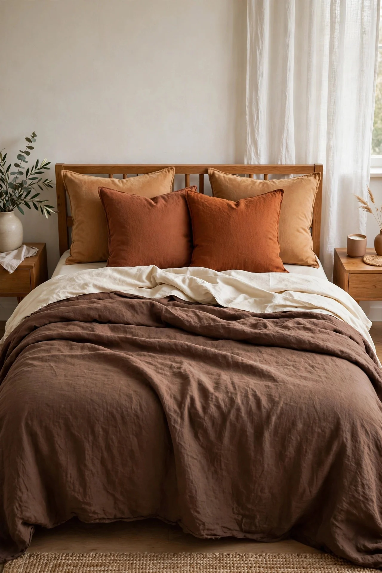 Chocolate brown bedding with cream sheets
