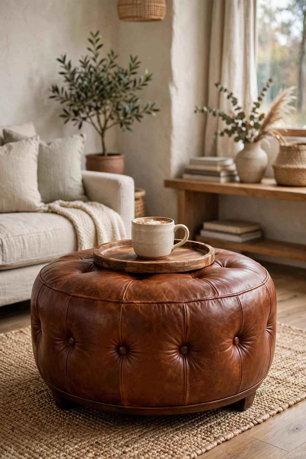 Cognac leather ottoman with tray