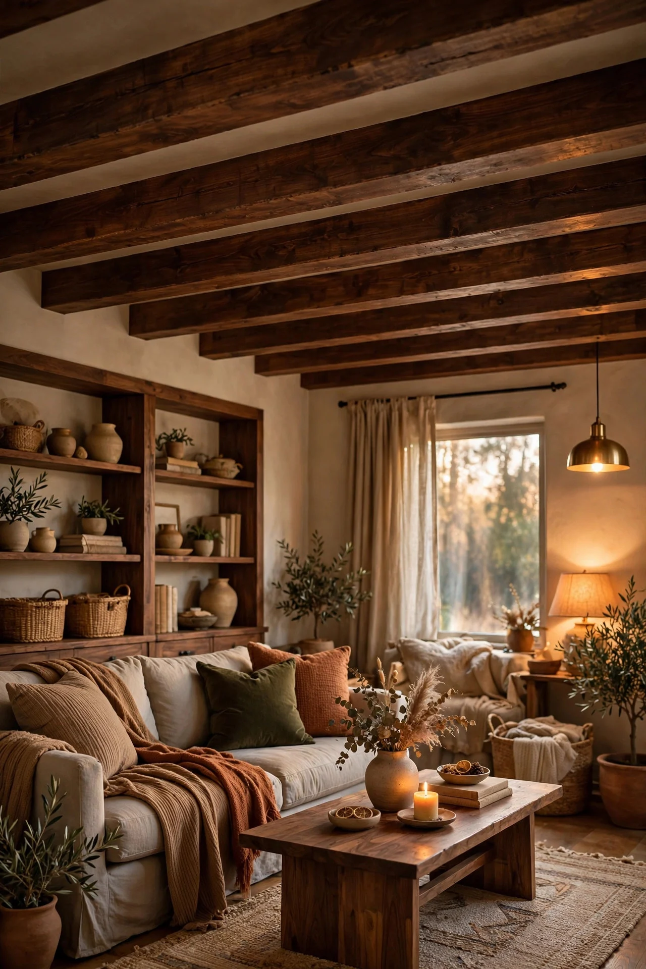 Walnut-stained ceiling beams in a warm room