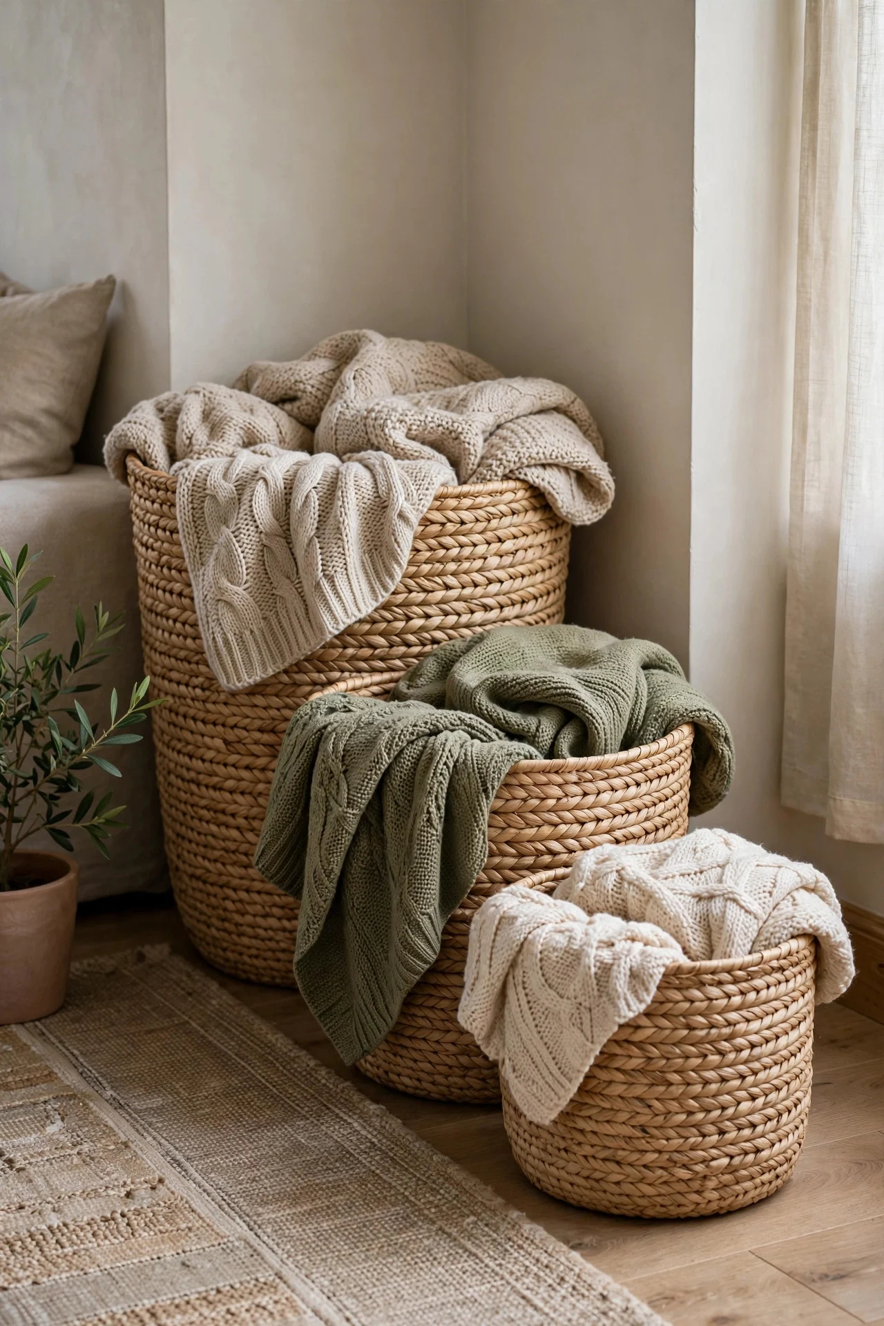 Woven seagrass baskets holding throw blankets