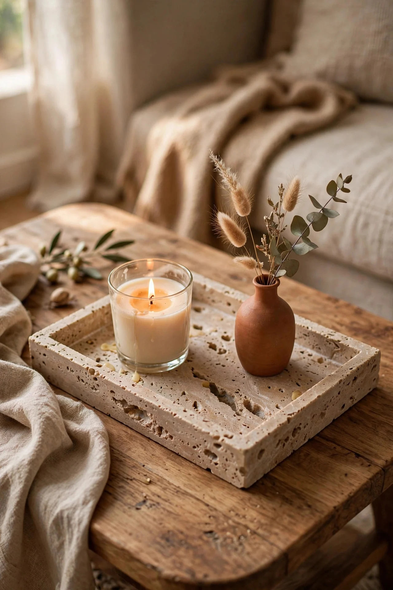 Travertine tray styled on a coffee table