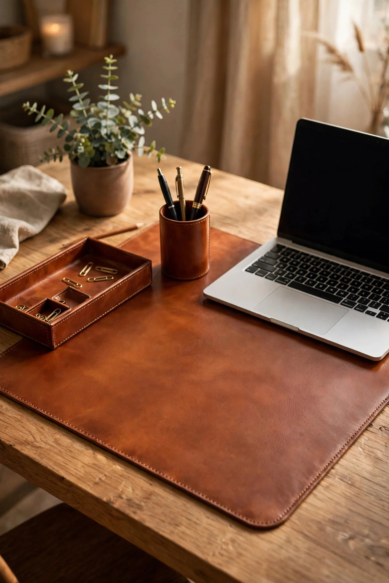 Cognac leather desk accessories on a home office desk