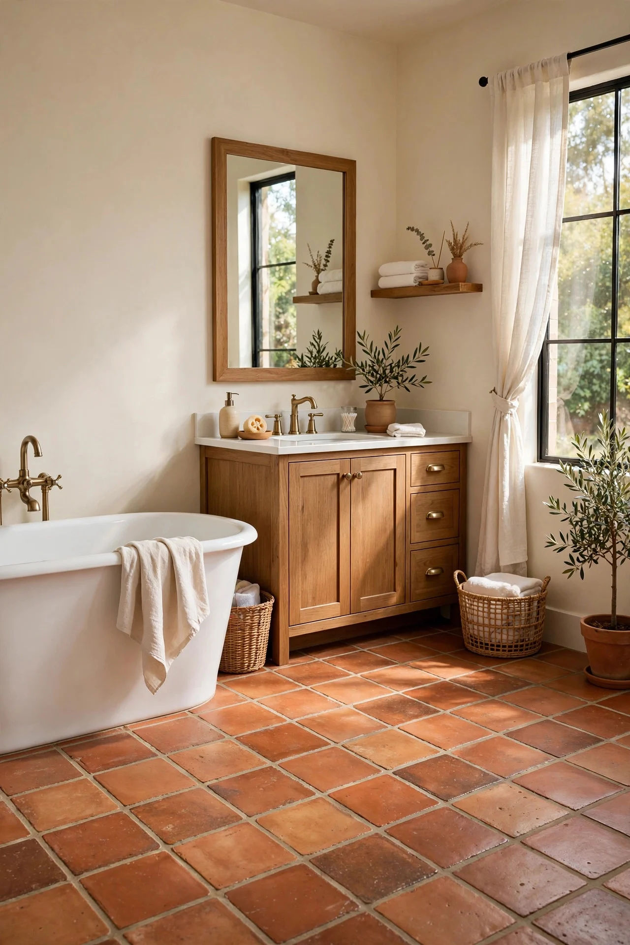 Bathroom with warm brown terracotta-look tile