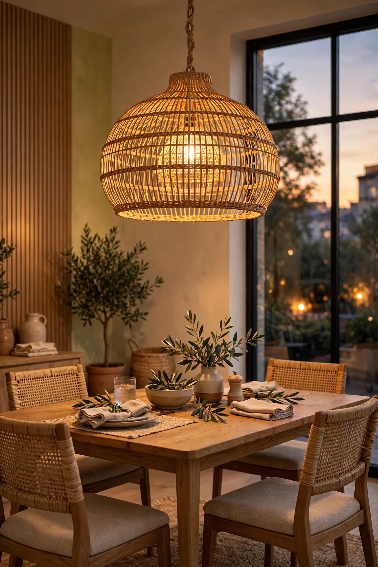 Woven rattan pendant light over a dining table