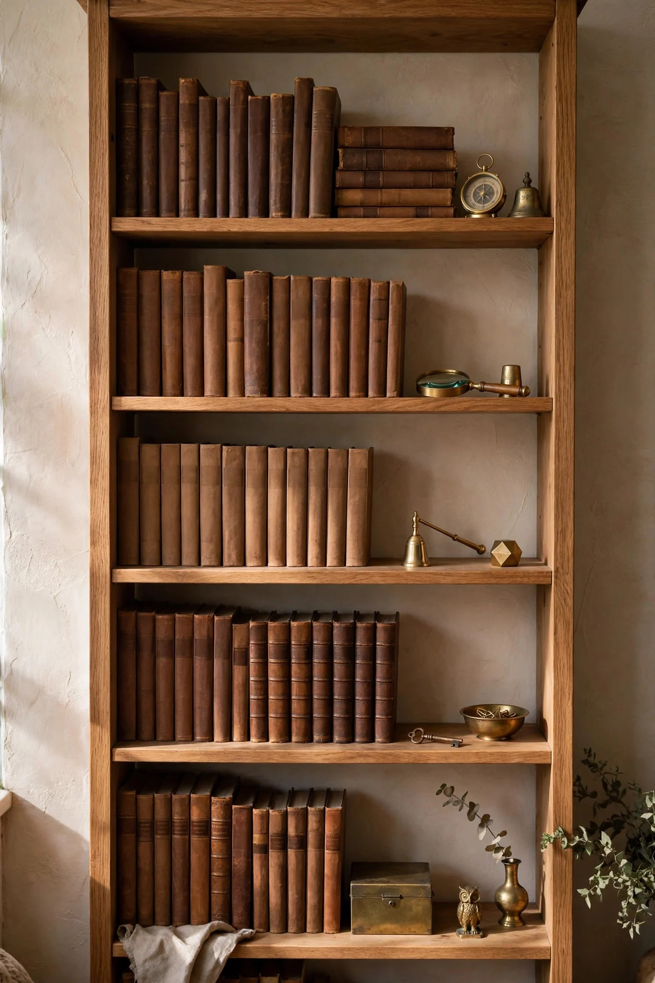 Bookshelf styled with brown-spined books