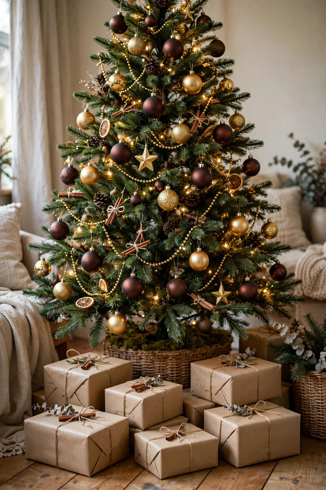 Christmas tree with chocolate brown and gold ornaments