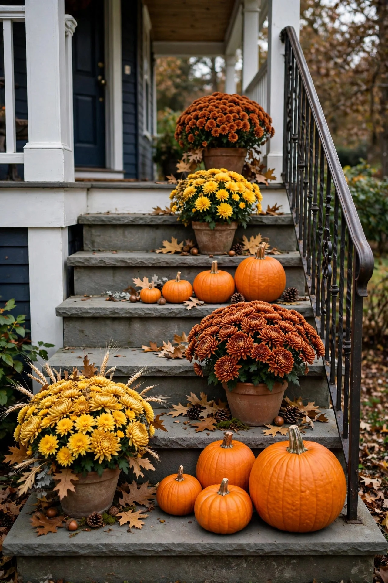 Porch steps lined with mums and pumpkins