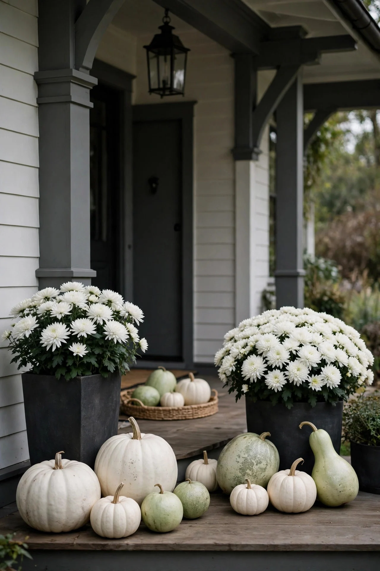 Tonal white and green fall porch display