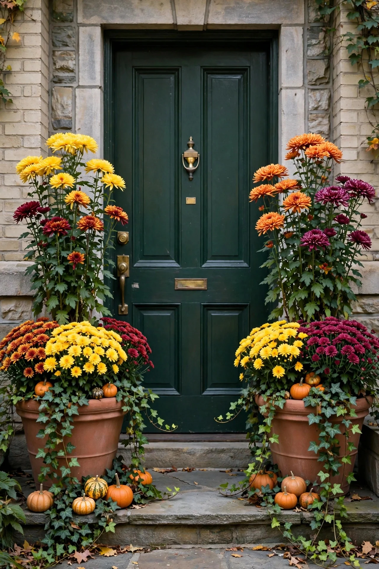 Oversized planters with mums flanking a front door