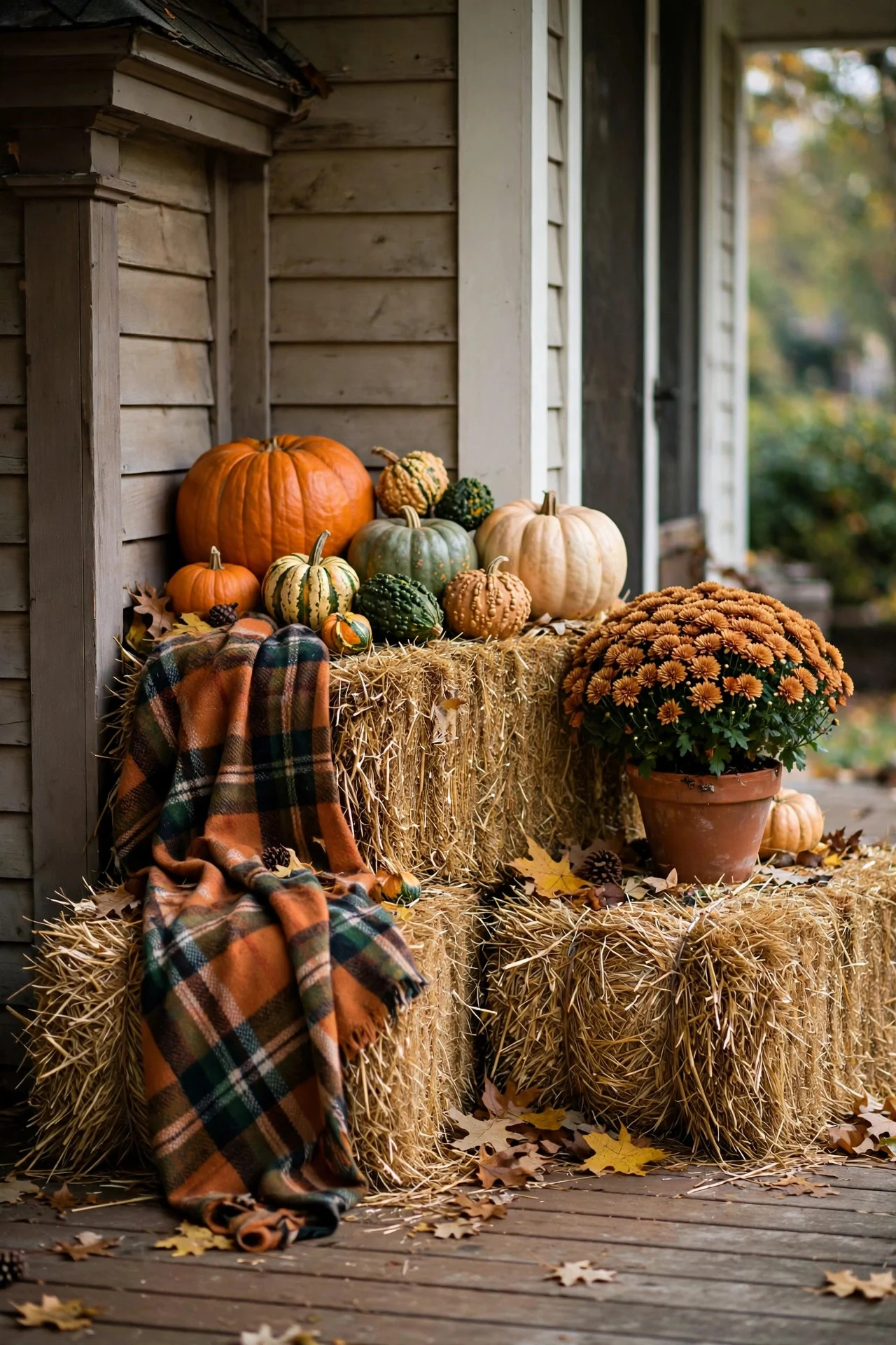 Hay bale display with pumpkins on a porch