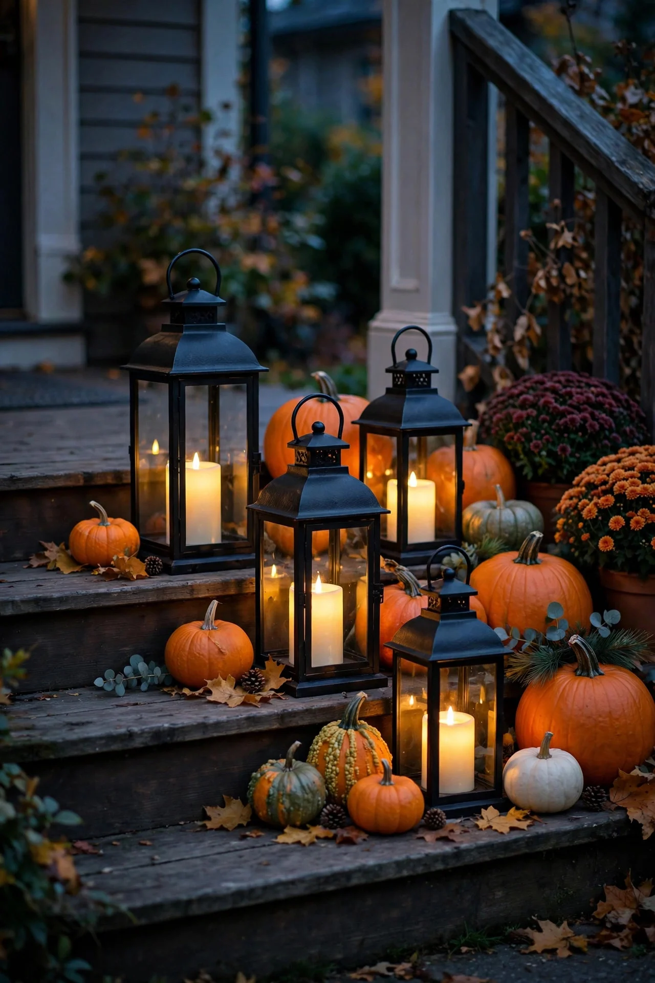 Lanterns glowing among pumpkins on porch steps