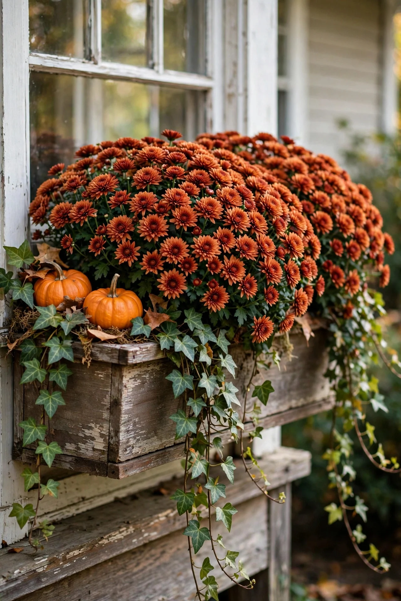 Window box filled with fall mums