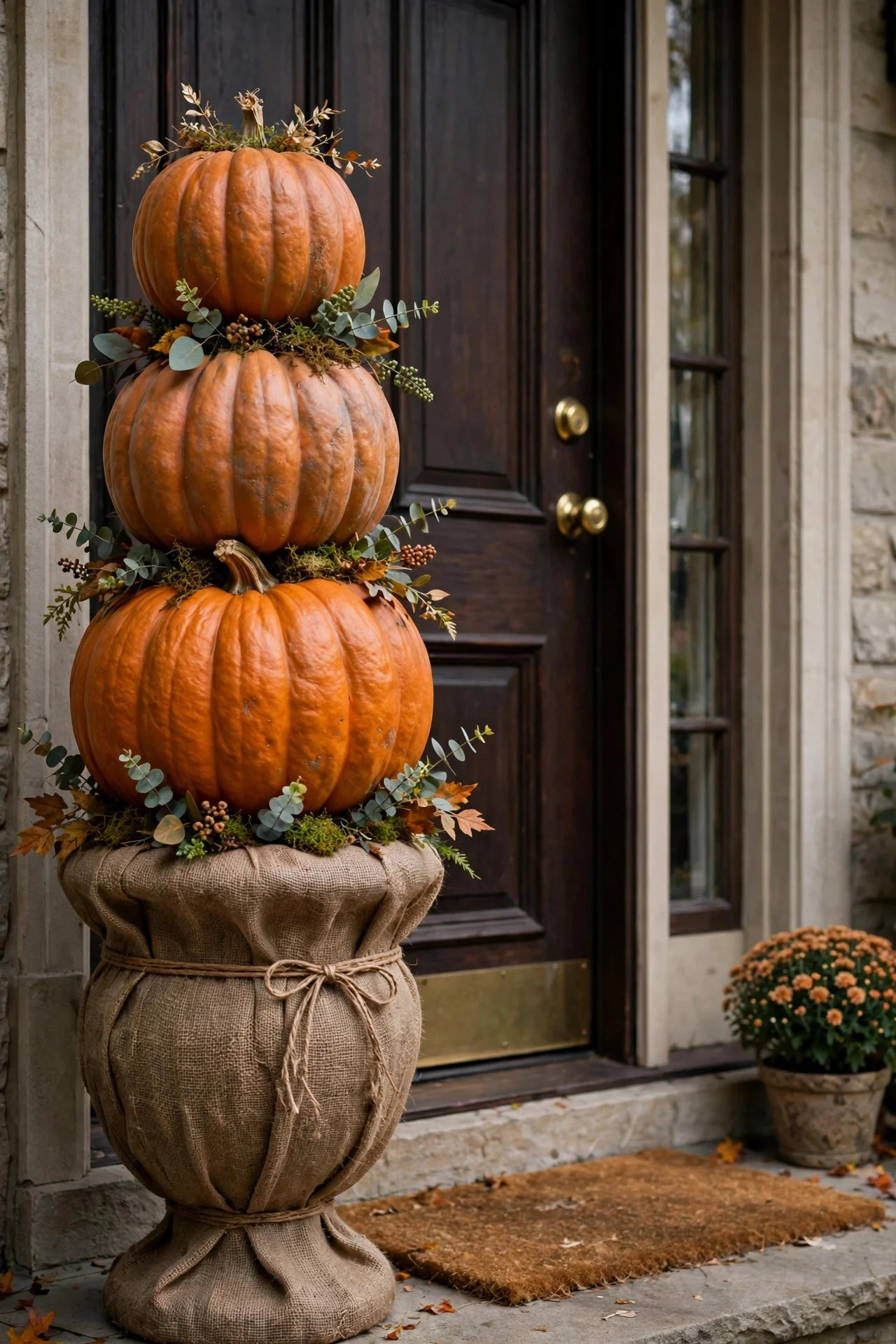 Stacked pumpkin topiary tower on a porch