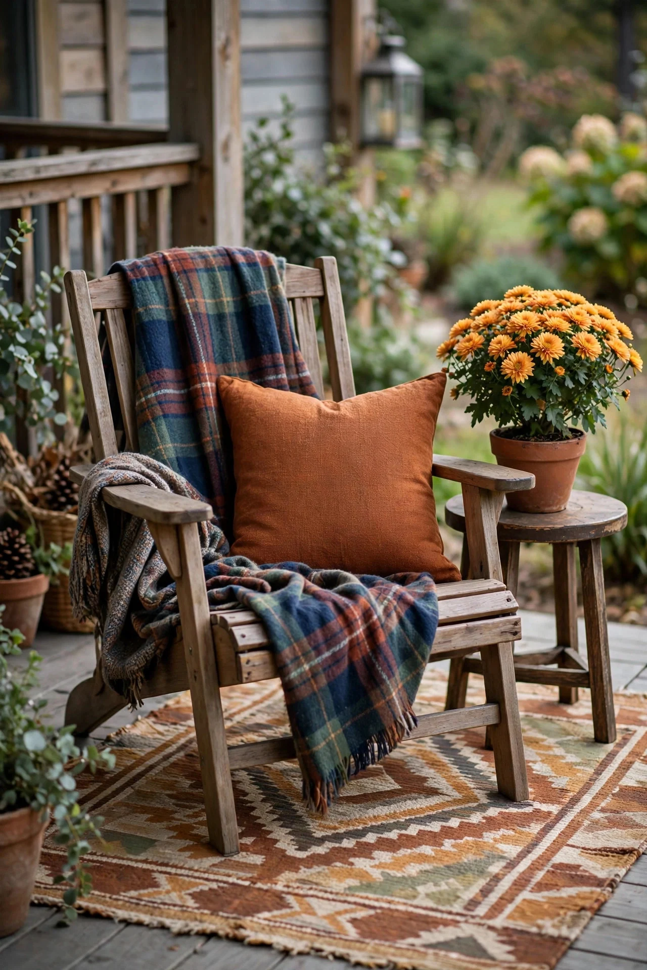 Cozy fall porch seating nook with plaid throw