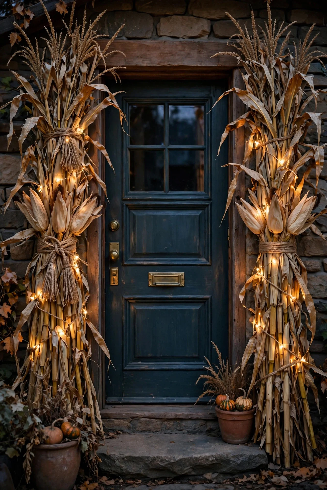 Corn stalks framing a front door with fairy lights