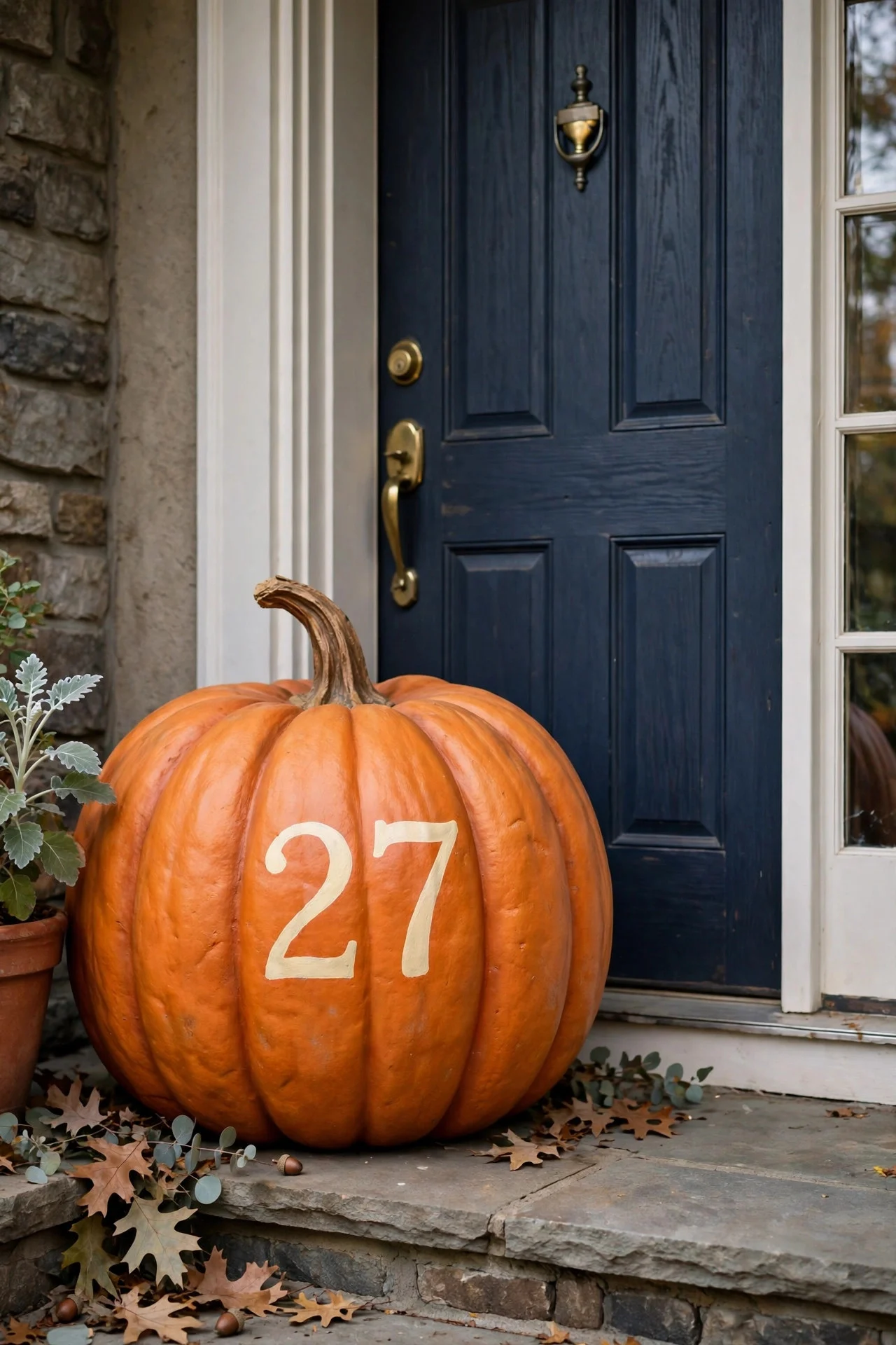 Painted house-number pumpkin by a front door