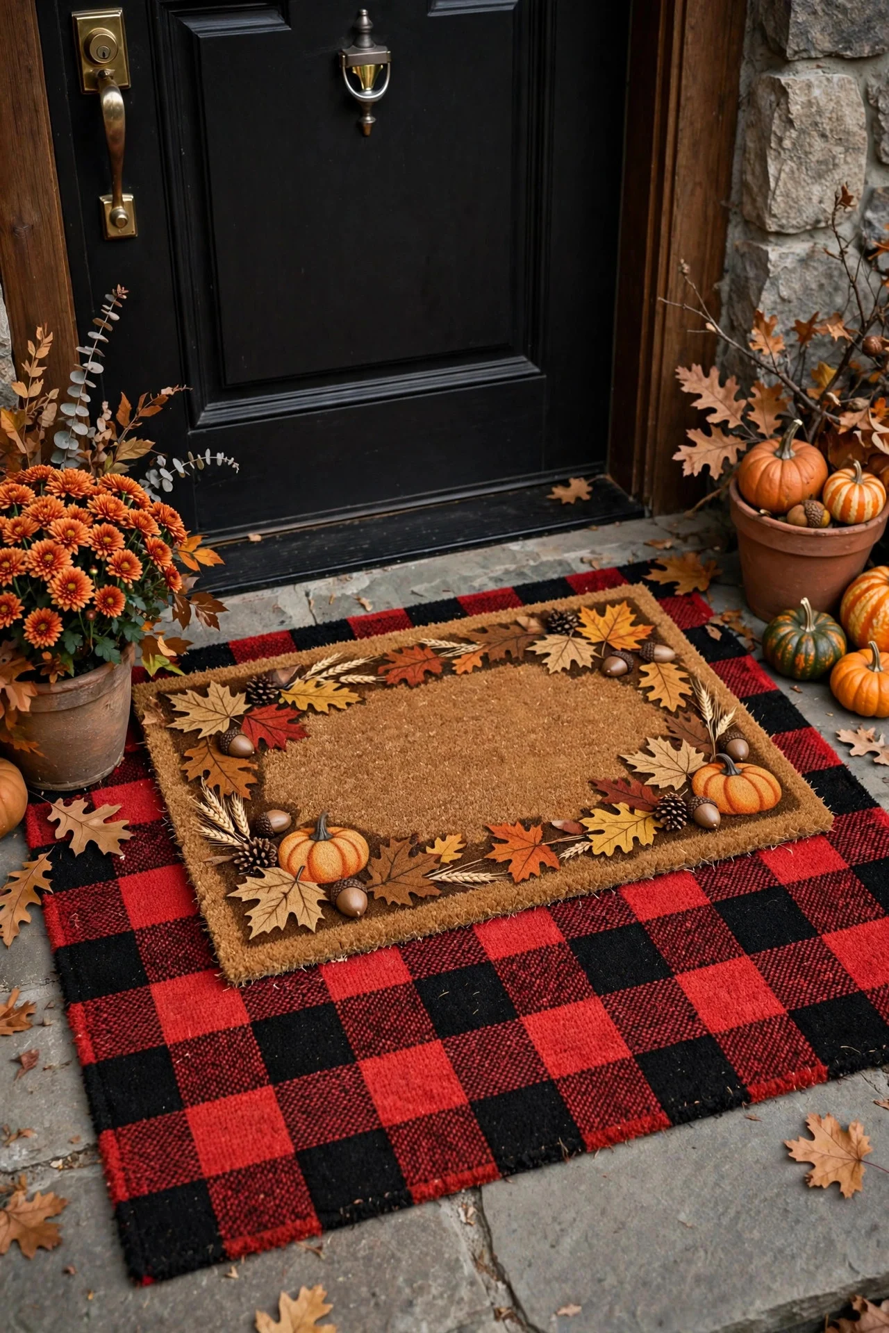 Layered doormats at a fall front door