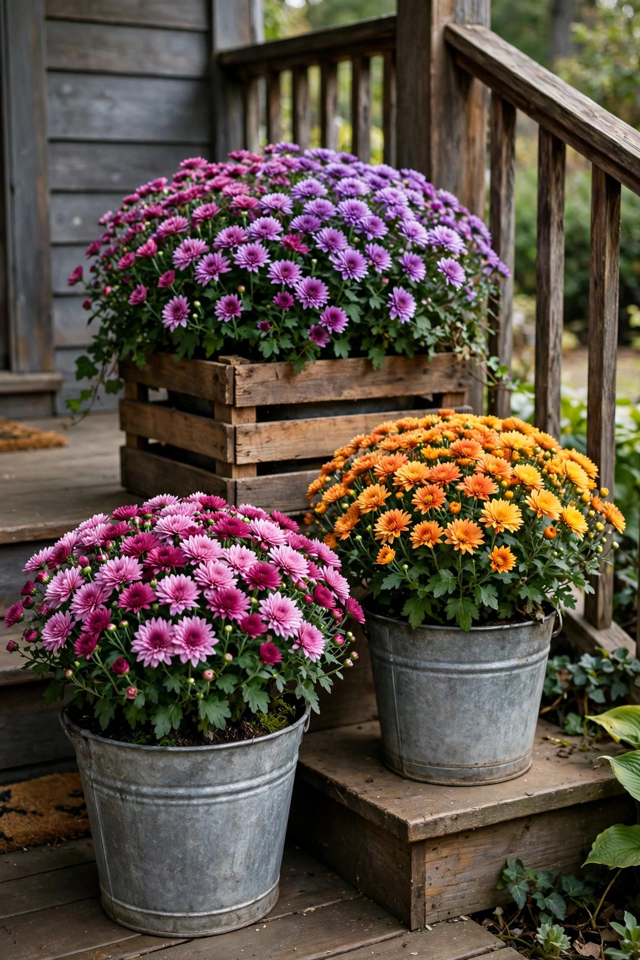 Mums in galvanized buckets and wooden crates