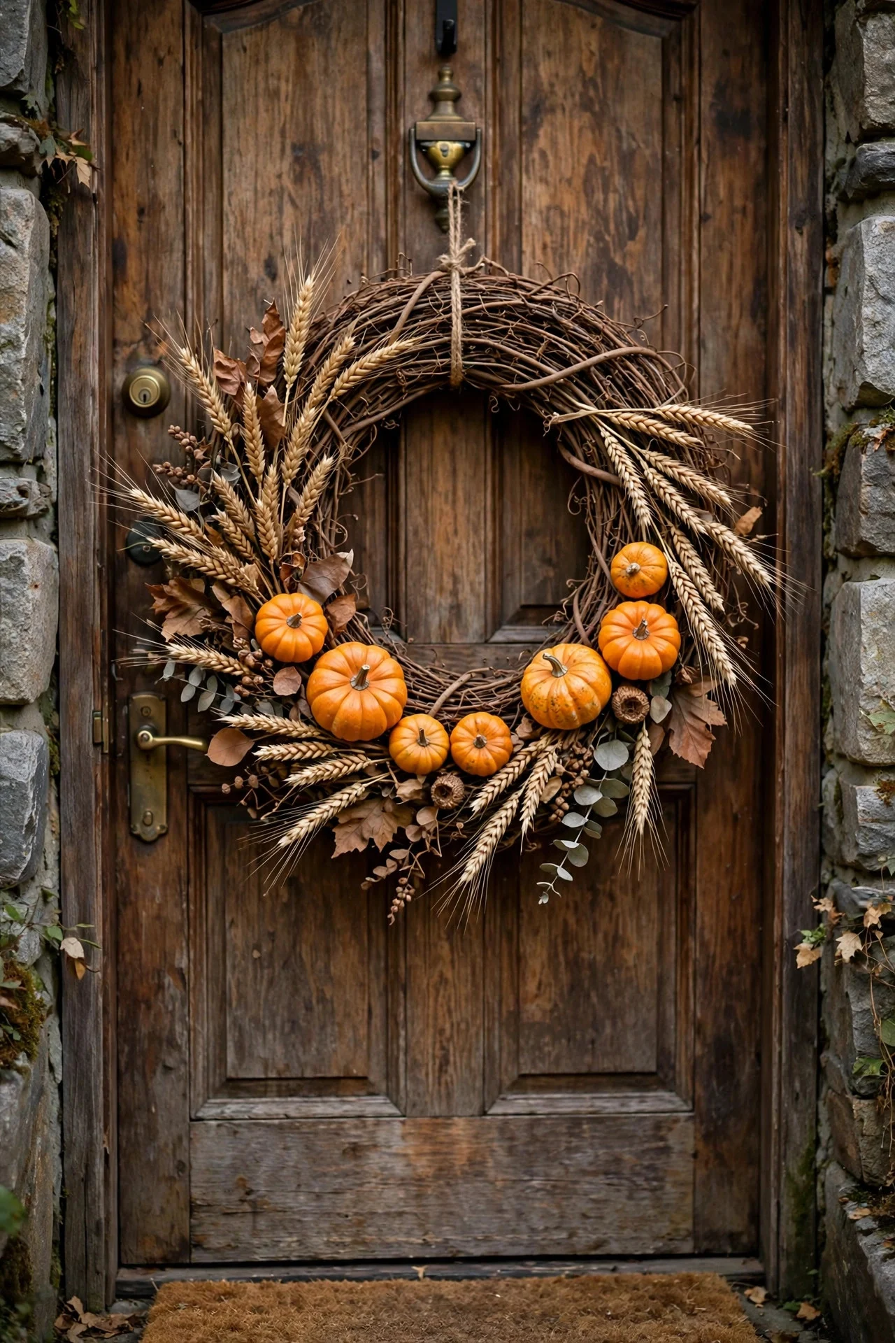 Fall wreath with mini pumpkins on a front door