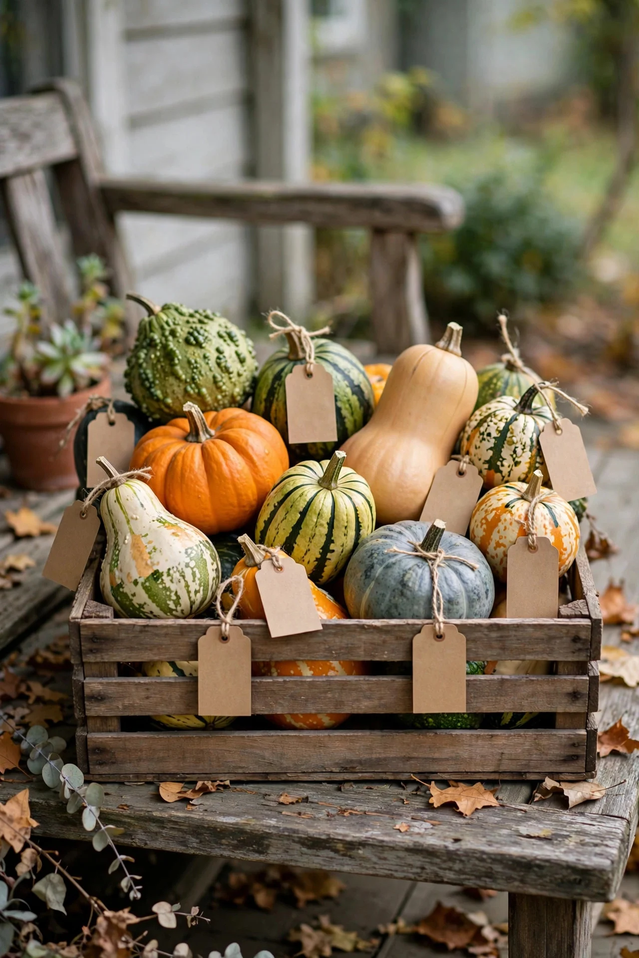 Crate of assorted gourds and squash on a porch