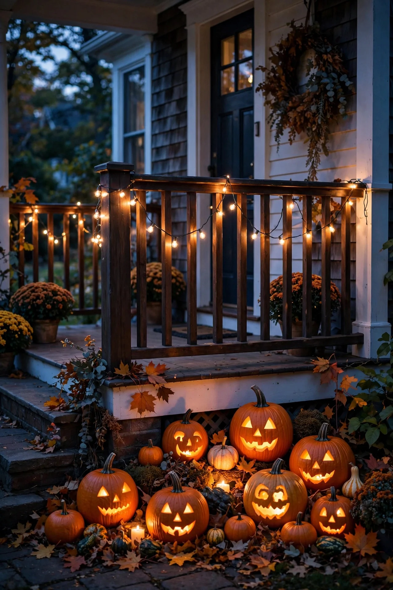 Porch glowing with warm string lights at dusk