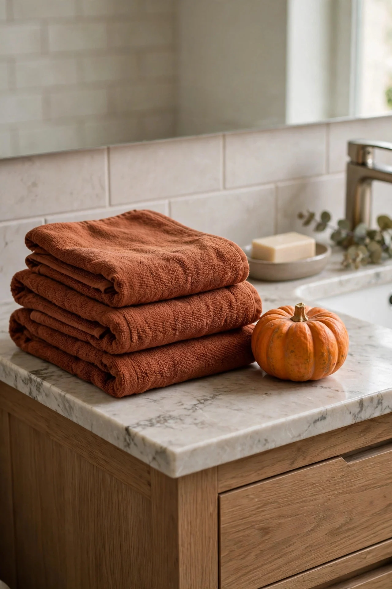 Rust hand towels on a fall bathroom vanity